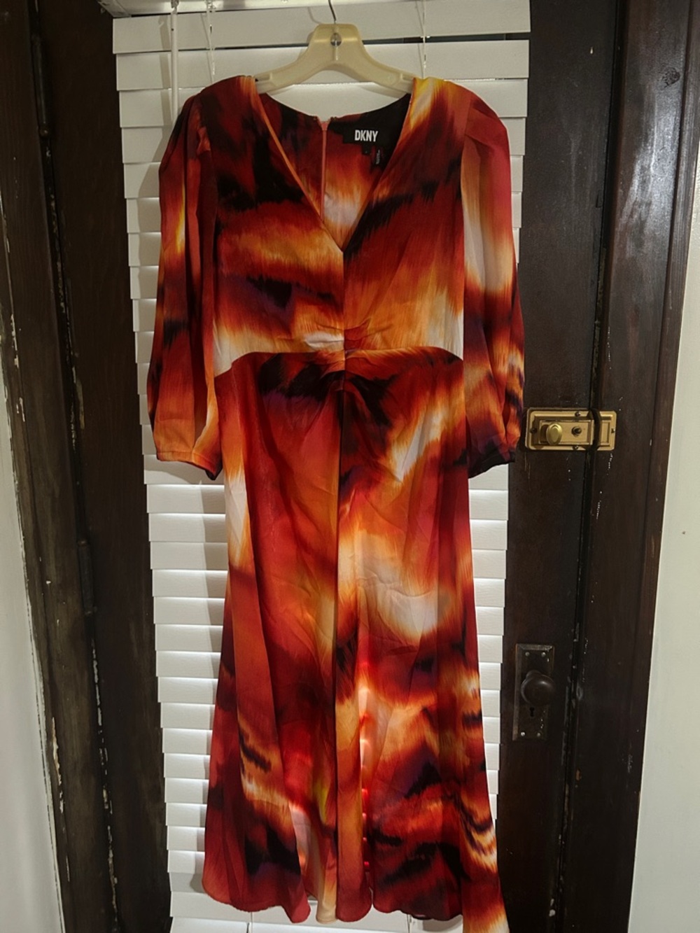 DKNY Flame-Print V-Neck Midi Dress in Red and Orange